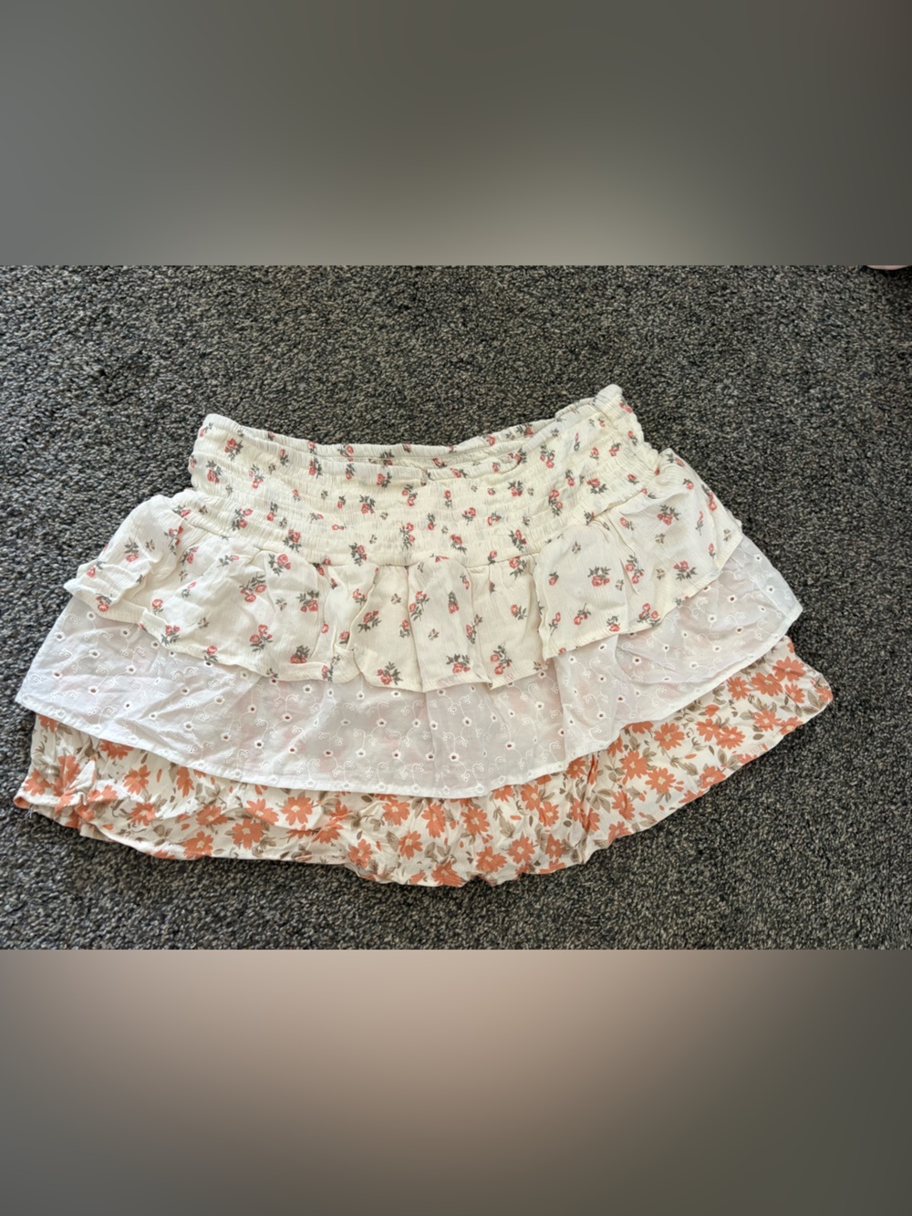 Smocked Floral Tiered Mini Skirt - White with Pink Floral